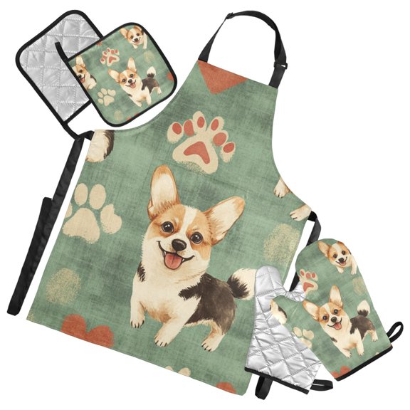 Happy Dog Cute Oven Mitts and Pot Holders with Chef Apron Set 5 Pcs Kitchen Cooking Set