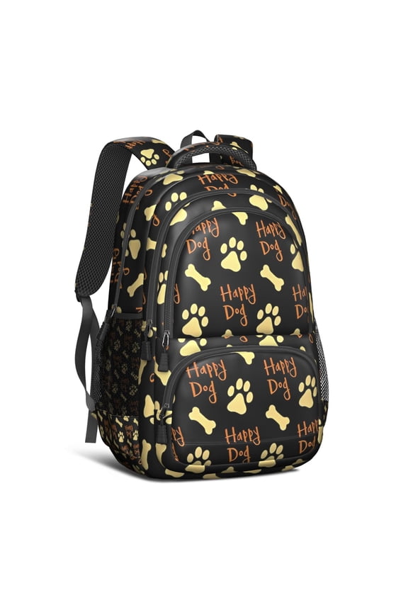 Happy Dog and Footprints Backpack for School,Cute School Bag,Schoolbag with Adjustable Shoulder Straps & Padded Back,16.9 Inch