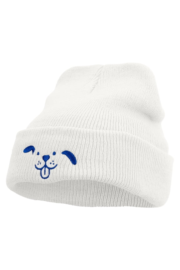 Happy Dog Head Embroidered Super Stretch Knit Watch Cap Beanie - White OSFM