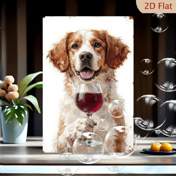 Happy Dog Holding Wine Glass 8x12inches Oil Painting Wall Art, Colorful Canine with Floppy Ears and Red Wine on White Background, Stylish Decor for Home Office
