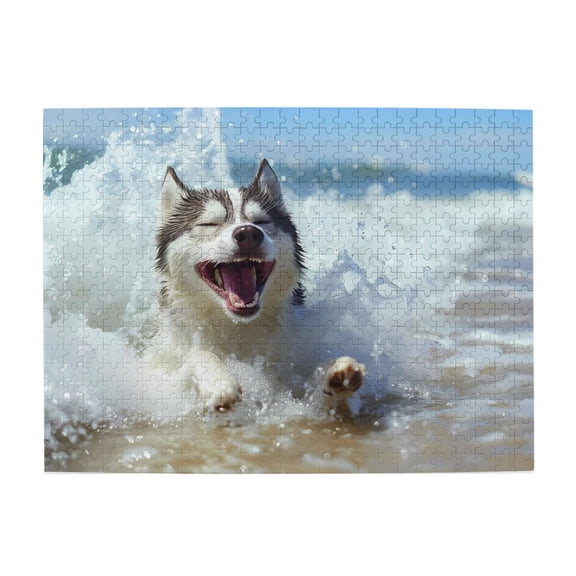 Happy Dog Ocean Waves Fun 500-Piece Wooden Jigsaw Puzzle for Adults, Fun & Challenging Family Brain-Teaser, Perfect Home Decor & Gift