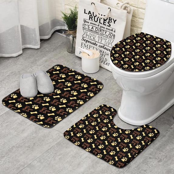 Happy Dog and Footprints Bathroom Rugs Sets 3 Piece,Toilet Cover Set,Absorbent Non Slip Bathroom Mats Sets with U-Shaped Contour Rug Toilet Rug Set