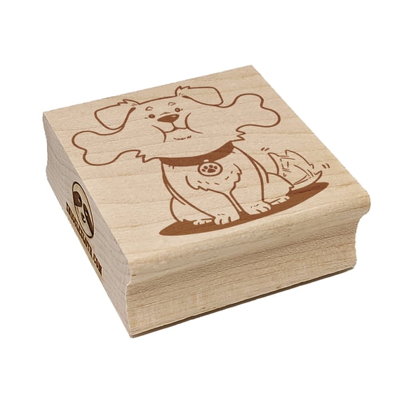 Happy Dog with Bone in Mouth Square Rubber Stamp Stamping Scrapbooking Crafting - Medium 1.75in