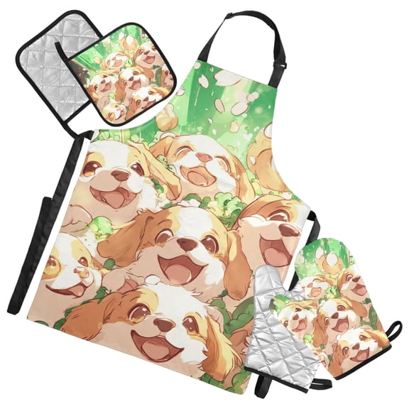 Happy Dogs in Playful Scene Oven Mitts and Pot Holders with Chef Apron Set 5 Pcs Kitchen Cooking Set