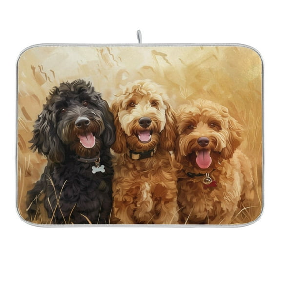 Happy Dogs in Wheat Field Dish Drying Mat 16x18 Absorbent Microfiber Draining Rack Pad for Kitchen Counter Sink