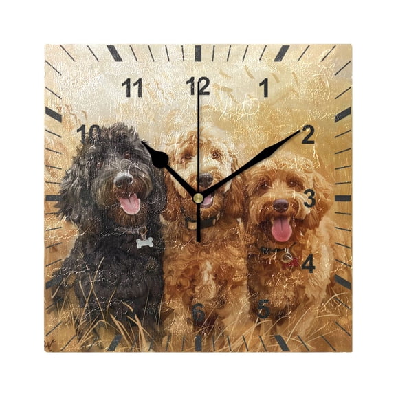Happy Dogs in Wheat Field Wall Clock Battery Operated Silent Non-Ticking Bedroom Office Kitchen Home School Decor 7.8"(Black)