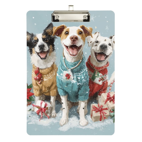Happy Dogs with Christmas Sweaters Acrylic Clipboard Drawing Board with Hook Writing Pad File Storage A4 Size Silver 12.5" x 9"