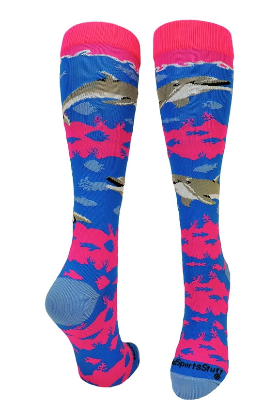 Happy Dolphins Over the Calf Socks (Electric Blue/Neon Pink, Small)