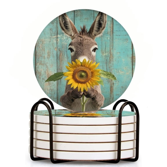 Happy Donkey Holding Sunflower Set of 6 Ceramic Coasters with Holder, Absorbent Drink Bar Coasters, Table Coasters for Living Room Decor Tabletop Protection
