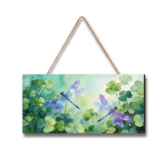 Happy Dragonfly Welcome St Patrick's Day Lucky Shamrocks Clover Landscape Wood Sign Wild Insect Lover Hanging Wall Home Decor - 22001