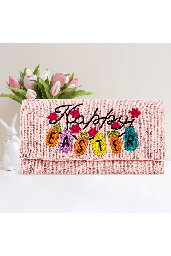 Happy EASTER Message Carrot Bunny Pointed Seed Beaded Clutch / Crossbody Bag