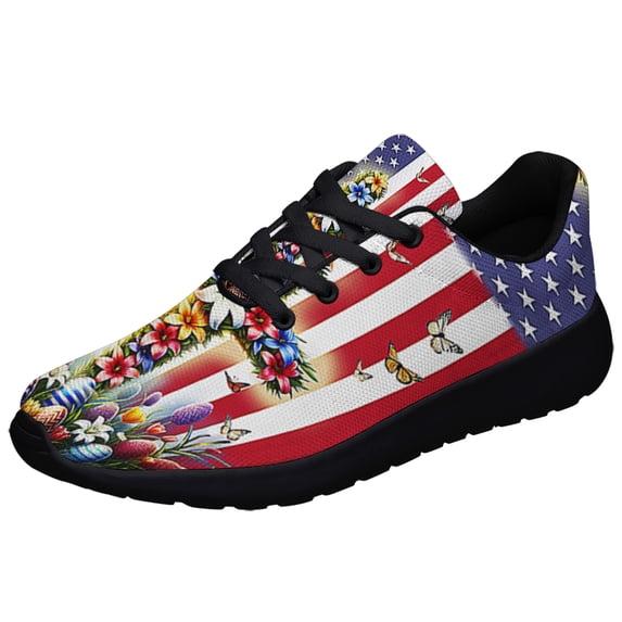 Happy EaStr Day ChriStan Cross American flag Shoes Sneakers for Women Men Black Size 5