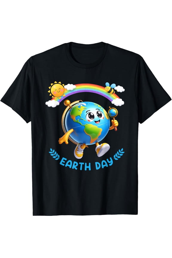 Happy Earth Day 2026 Cute Earth with Rainbow Men Women Kid T-Shirt- Classic Unisex 100% Cotton Crew Neck T-Shirt Regular Fit Breathable Casual Everyday Wear