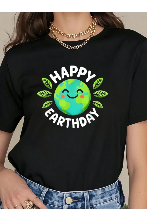 Happy Earth Day Cute Smiling Planet Graphic Tee Eco-Friendly Nature Lover Unisex Black T-Shirt Retro Sustainable Fashion Top