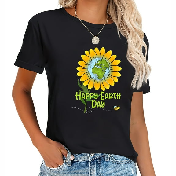 Happy Earth Day Every Day Sunflower Teachers Earth Feminine Short Sleeve Shirt for Women, Graphic Tee with Unique Print, Versatile Top for Casual or Dressy Occasions