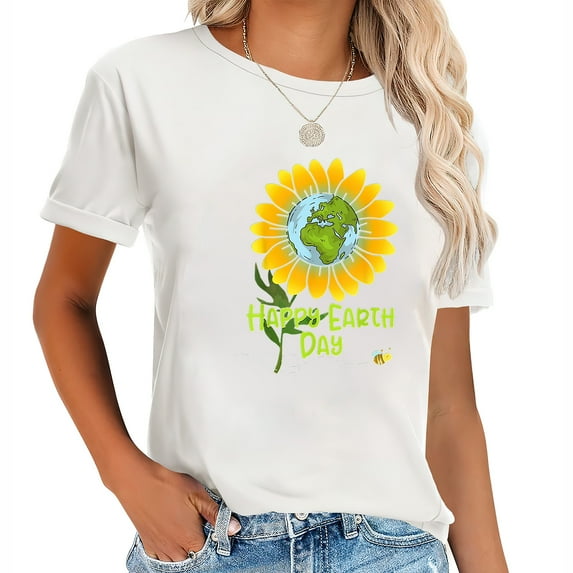 Happy Earth Day Every Day Sunflower Teachers Earth Feminine Short Sleeve Shirt for Women, Graphic Tee with Unique Print, Versatile Top for Casual or Dressy Occasions