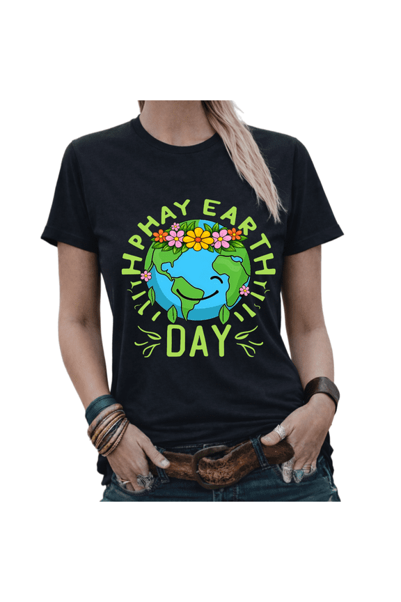 Happy Earth Day Floral Crown Earth Graphic Tees Womans Tshirt Shirts White/Black S-5XL Tops