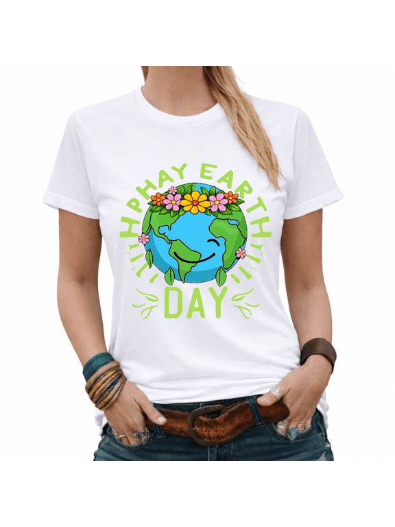 Happy Earth Day Floral Crown Earth Graphic Tees Womans Tshirt Shirts White/Black S-5XL Tops