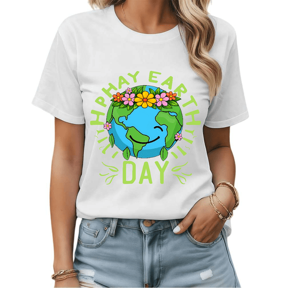 Happy Earth Day Heart Leaf Wreath Graphic Tees Womans Tshirt Shirts White/Black S-5XL Tops