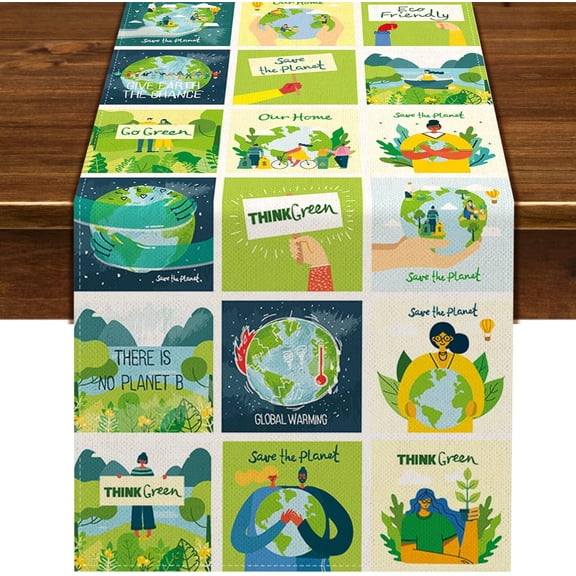 Happy Earth Day Table Runner April 22 Travel Themed Party Decoration Save The Planet School Classroom Home Kitchen Dining Room Decor (13.8" x 71")