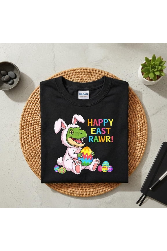 Happy East Rawr Dinosaur Easter Shirt, T-Rex Bunny Costume Holding Easter Egg Graphic Tee, Spring Holiday Dinosaur, Unisex Cotton T-Shirt, Size S-5XL
