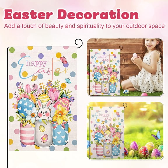 Happy Easter 12X18 Inch Double Sided Garden Flag Bunny Flower Outdoor Yard Decorations, Small Lightweight Design For Patio Lawn Garden Indoor Display With Easy Hanging For Spring