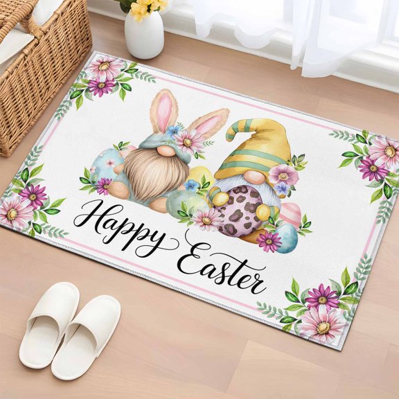 Happy Easter 2'x3' Washable Rug, Watercolor Gnomes Eggs Flowers Botanical Spring Non-Slip Soft Doormat Area Rugs for Entrance Bathroom Bedsides, Carpet for Kitchen Bedroom, Entryway Floor Mat