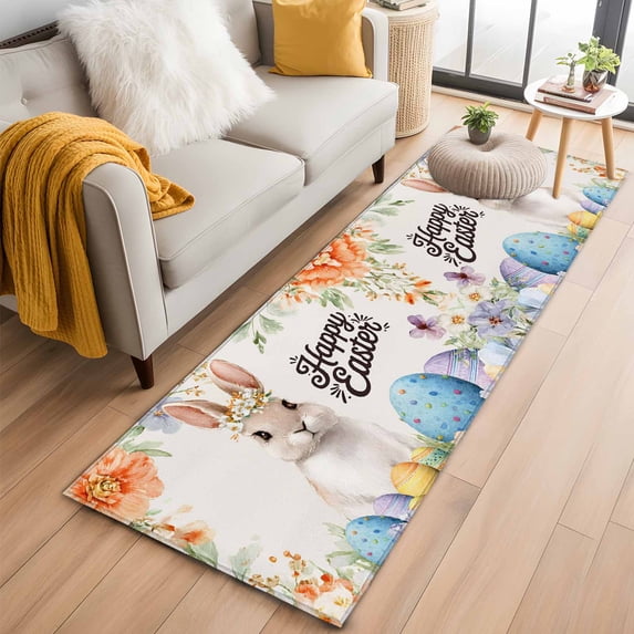 Happy Easter 2'x6' Runner Rug, Spring Watercolor Bunny Eggs Flowers Beige Washable Non-Slip Area Rugs for Hallway Kitchen Floor Bedroom Entryway, StainResistant Laundry Carpet Decoration Indoor Mat