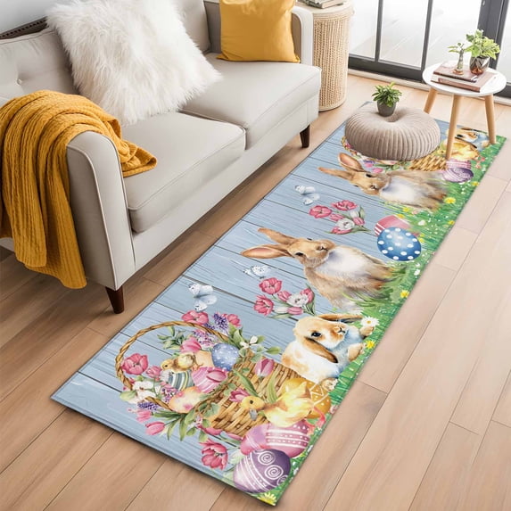 Happy Easter 2'x6' Runner Rugs for Hallway Kitchen Bedside Non Slip Washable, Spring Easter Eggs Bunny Floral Blue Wood Entryway Rug Runners with Rubber Backing, Long Carpet Runner for Laundry Room
