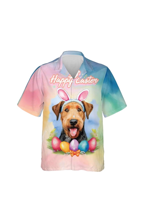 Happy Easter Airedale Terrier with Bunny Ear Headband and Flowers Hawaiian Shirt Breathable Summer Unisex Merch Dale Waterside Dog Lover - 13001