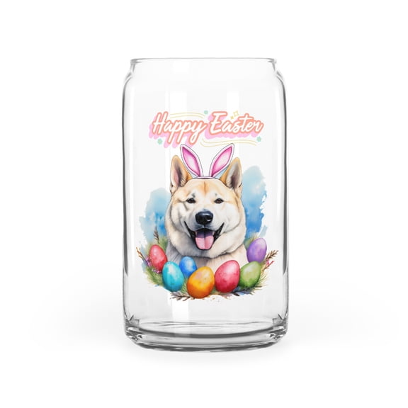 Happy Easter Akita with Bunny Ear Headband and Flowers 16oz Glass Cup Mug Inu Dog Lover Glass Can - 13001