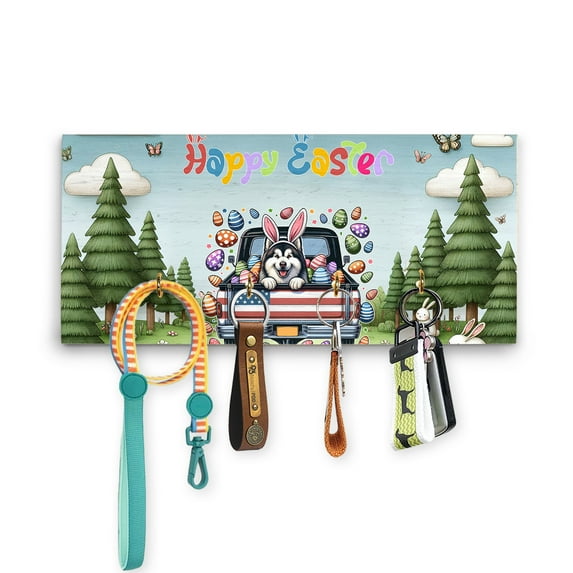 Happy Easter Alaskan Malamute American Flag Truck Bunny Ears Wood Key Holder Alaska Mal Dog Lovers Gifts Wall-mounted Key Rack Home Decor - 03001