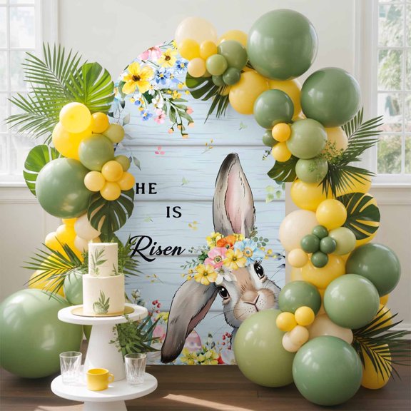 Happy Easter Arch Backdrop Cover, 4FT, Spring Bunny He Is Risen Flower Leaf Blue Wood Grain Spandex Arch Covers Double-Sided Backdrop for Wedding Birthday Party Photo Background Decoration