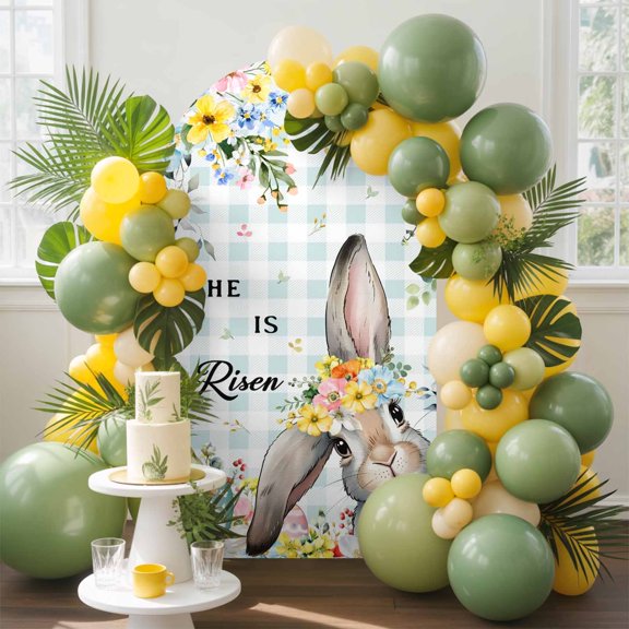 Happy Easter Arch Backdrop Cover, 4FT, Spring Bunny He Is Risen Yellow Flower Floral Green Plaid Spandex Arch Covers Double-Sided Backdrop for Wedding Birthday Party Photo Background Decoration