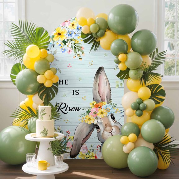 Happy Easter Arch Backdrop Cover, 4FT, Spring Bunny He Is Risen Yellow Flower Green Wood Grain Spandex Arch Covers Double-Sided Backdrop for Wedding Birthday Party Photo Background Decoration