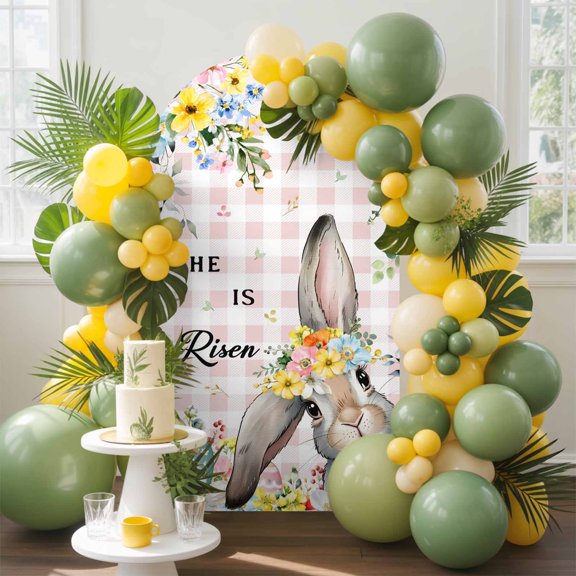 Happy Easter Arch Backdrop Cover, 4FT, Spring Gray Bunny Yellow Floral He Is Risen Pink Plaid Spandex Arch Covers Double-Sided Backdrop for Wedding Birthday Party Photo Background Decoration