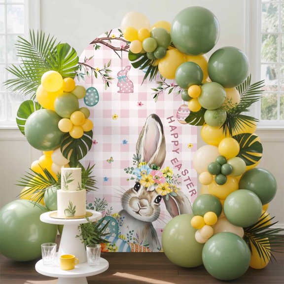Happy Easter Arch Backdrop Cover, 6.6FT, Bunny Floral Egg Trees Butterfly Pink Plaid Spandex Arch Covers Double-Sided Backdrop for Wedding Birthday Party Photo Background Decoration