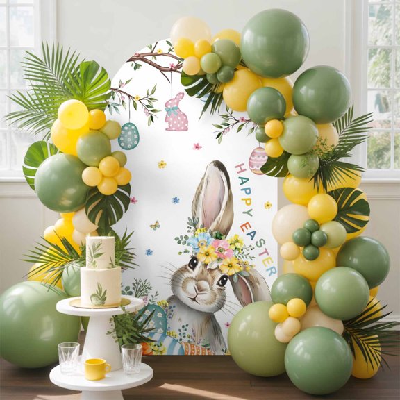 Happy Easter Arch Backdrop Cover, 6.6FT, Bunny Rabbit Floral Egg Trees Butterfly Spring Spandex Arch Covers Double-Sided Backdrop for Wedding Birthday Party Photo Background Decoration