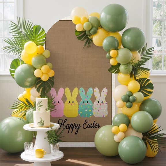 Happy Easter Arch Backdrop Cover, 6.6FT, Spring Pink Yellow Green Bunny Wave Points Brown Spandex Arch Covers Double-Sided Backdrop for Wedding Birthday Party Photo Background Decoration