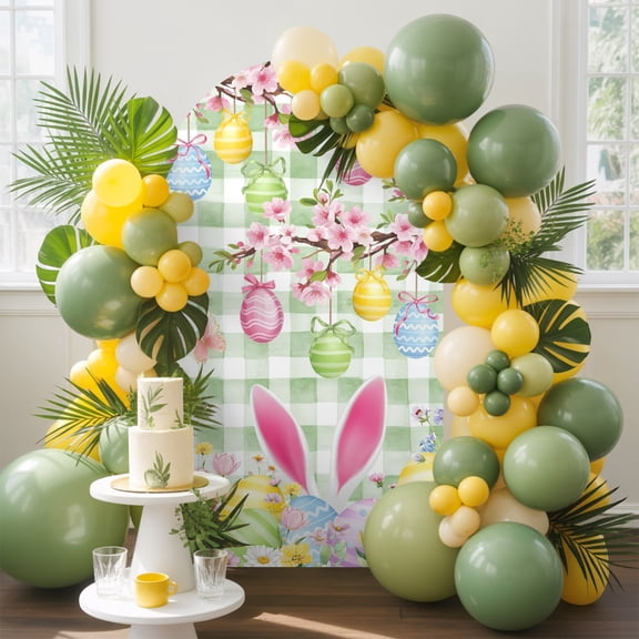 Happy Easter Arch Backdrop Cover, 6FT, Colored Eggs Cute Rabbit Bunny Spring Floral Green Plaid Spandex Arch Covers Double-Sided Backdrop for Wedding Birthday Party Photo Background Decoration