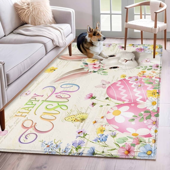 Happy Easter Area Rug 3x5 Washable Rug Non Slip Spring Farmhouse Easter Bunny Eggs Floral Large Area Rug Indoor Floor Carpet for Entryway Bedroom Kitchen Living Room Home Office Dining Room Nursery