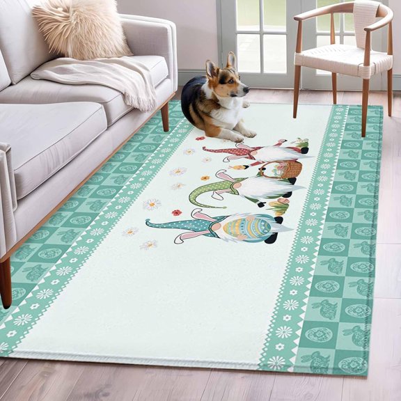 Happy Easter Area Rug 4x6 Washable Rug Non Slip Cute Gnomes Eggs Green Bunny Flowers Border Large Area Rug Indoor Floor Carpet for Entryway Bedroom Kitchen Living Room Home Office Dining Room Nursery