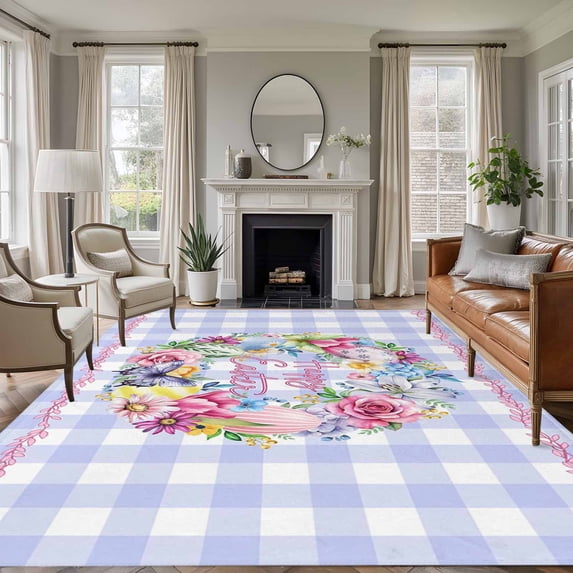 Happy Easter Area Rug 8x10 Washable Rug Non Slip Colorful Eggs Flowers Butterfly Purple Plaid Large Area Rug Soft Stainresistant Indoor Floor Carpet for Living Room Bedroom Home Office Dining Room