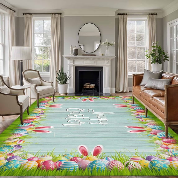 Happy Easter Area Rug 8x10 Washable Rug Non Slip Cute Rabbit Ears Eggs Grass Wooden Grain Large Area Rug Soft Stainresistant Indoor Floor Carpet for Living Room Bedroom Home Office Dining Room