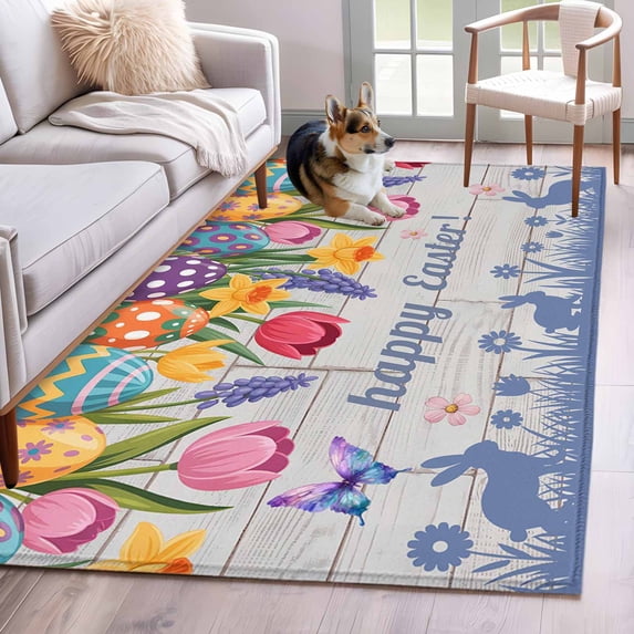 Happy Easter Area Rugs 2.7'x5', Washable Small Throw Rugs for Kitchen Bedroom, Colorful Eggs Spring Tulips Flowers Farm Wooden Indoor Outdoor Rug Non-Slip Low Pile Carpet Runner Reversible Floor Mats