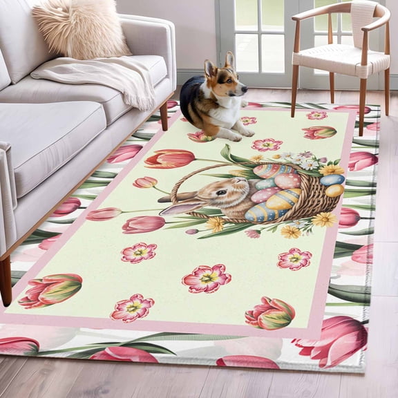 Happy Easter Area Rugs 2.7'x5', Washable Small Throw Rugs for Kitchen Bedroom, Spring Bunny Easter Eggs Pink Tulips Indoor Outdoor Rug Non-Slip Low Pile Carpet Runner Reversible Floor Mats