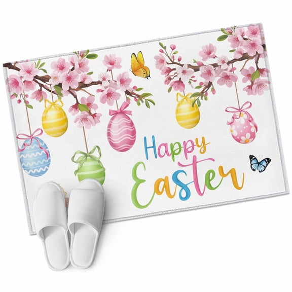 Happy Easter Area Rugs 2x3ft Spring Pink Floral Bule Yellow Eggs Butterfly Watercolor Floor Mat Non Slip Low Pile Ultra Soft Small Throw Carpet for Entryway Indoor Entrance Kitchen