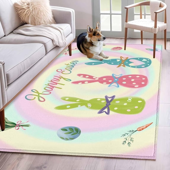Happy Easter Area Rugs 3x5 ft Spring Green Pink Blue Bunny Eggs Tulip Floral Color Washable Rug Non Slip Indoor Carpet Absorbent Floor Mat for Living Room Bedroom Dining Room