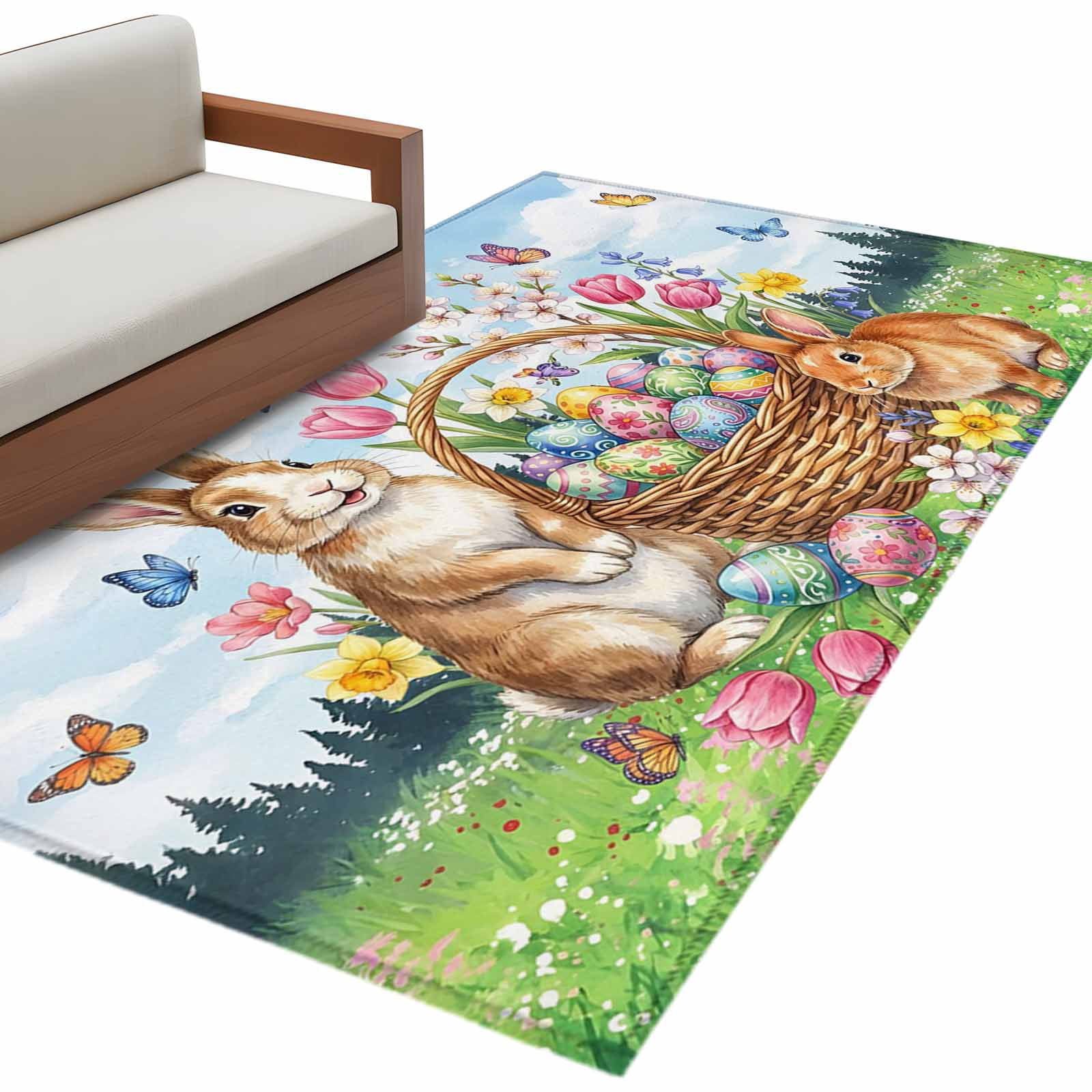 Easter Colors Rag Rug Happy Easter Area Rugs 3x5ft Cartoon Bunny Rabbit Colored Eggs ...