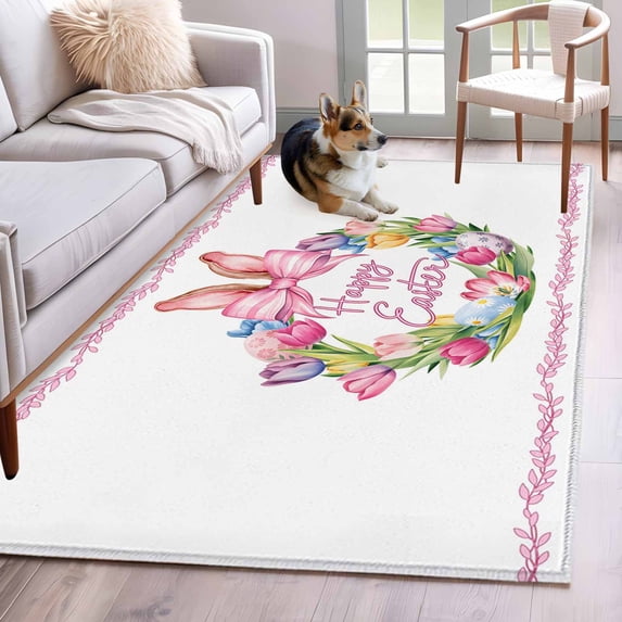 Happy Easter Area Rugs 4'x6', Washable Small Throw Rugs for Office Bathroom, Rabbits Bows Spring Tulips Eggs Pastoral Indoor Outdoor Rug Non-Slip Low Pile Carpet Runner Reversible Floor Mats
